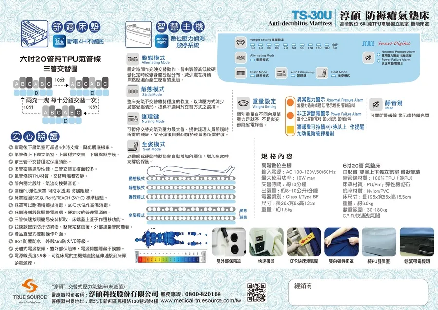 TS-30U 高階數位進階型 6吋三管純TPU雙層獨立氣室氣墊床(進階型)